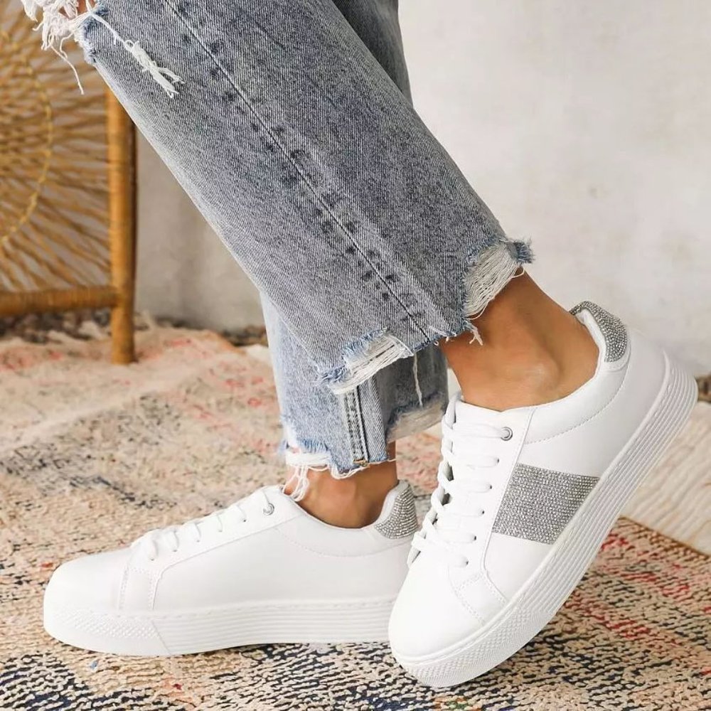 NEW White Sparkly Rhinestone Bling Bling Glam Glitz Platform Sneakers Shoes - Picture 10 of 10